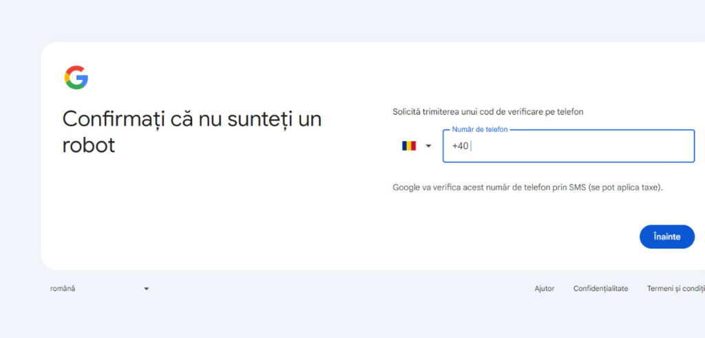 GoogStep Pași de creare a contului - Introducerea unui număr de telefon